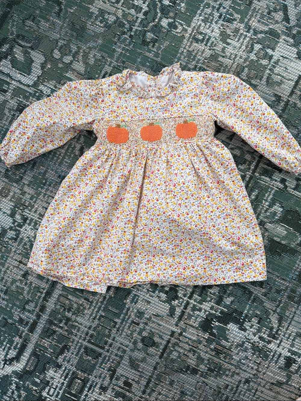 Girls Long-Sleeve Floral Dress with Orange Smocked Pumpkins